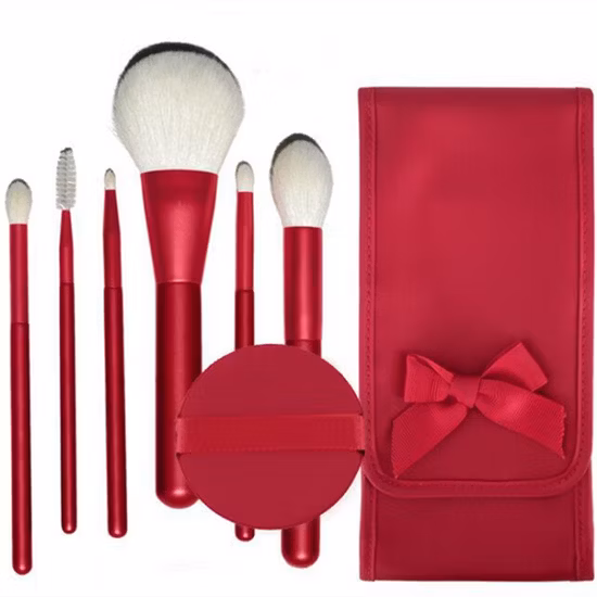 6-teiliges Make-up-Pinsel-Set aus natürlichem Wollhaar in Rot mit Tasche und Luftkissen, Beauty-Pulver-Mischpinsel, Augenpinsel-Werkzeug